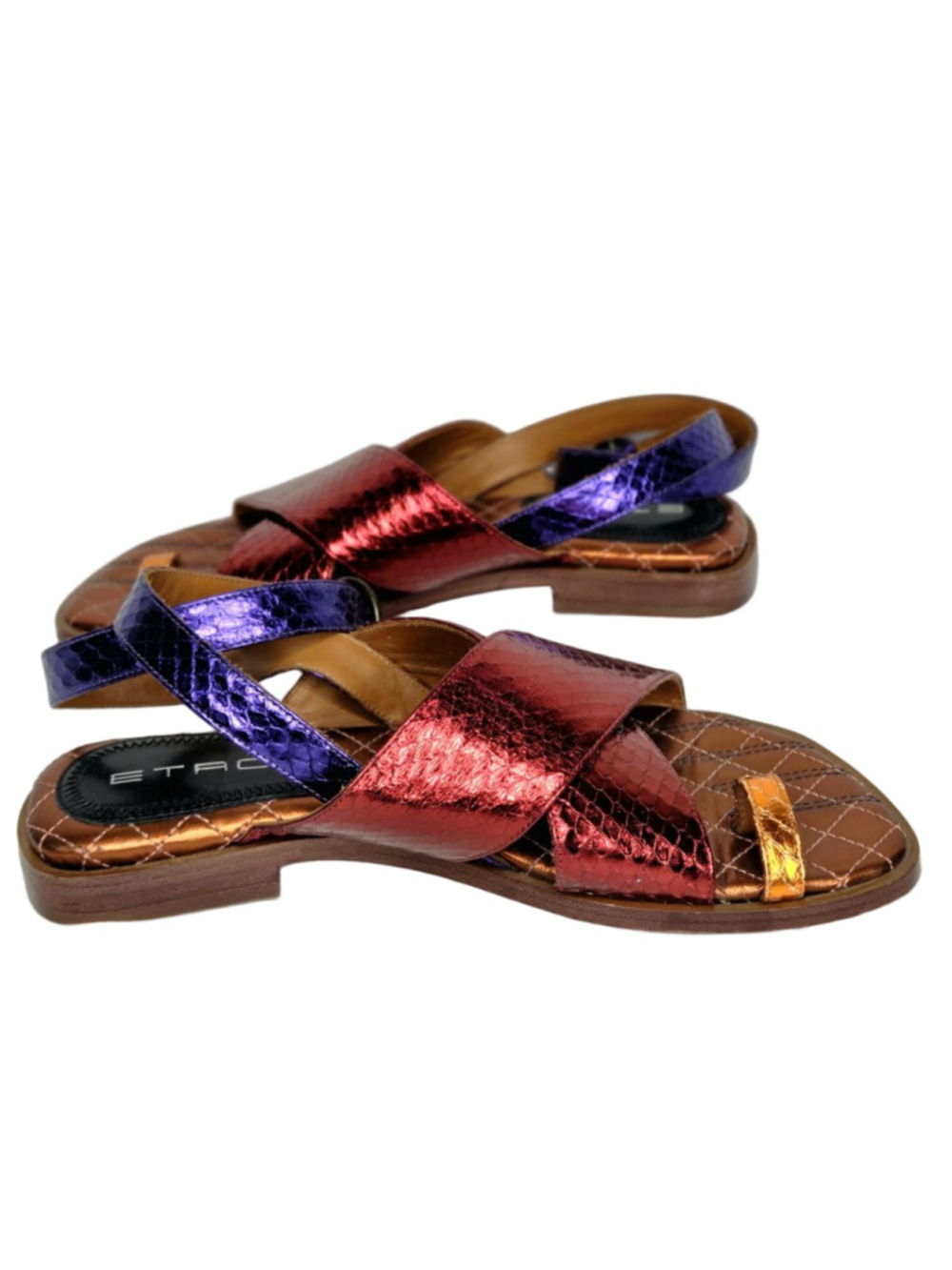 Etro Ayers Metallic Snake Sandals Size 38 US 8 Toe Cross Over Strap Ankle Wrap